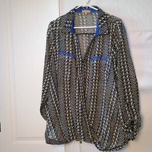 Democracy Sheer Blouse Women's Size 2X Black And White Blue Trim Pockets